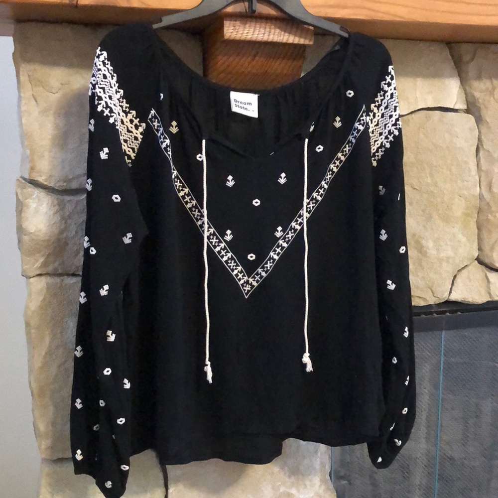 Black peasant blouse with white pattern, M, Dream State brand
